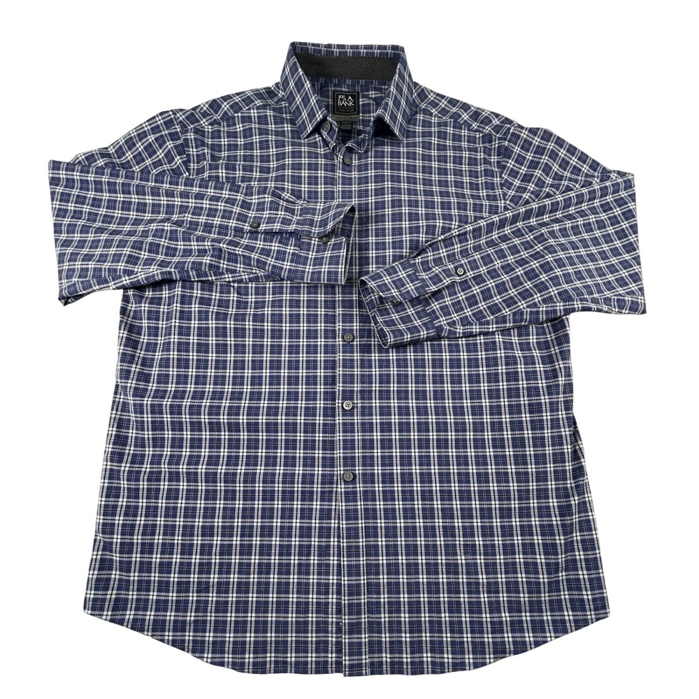 Jos. A. Bank Shirt Mens L Blue Traveler Travel Tech Tailored Fit Plaid Stretch